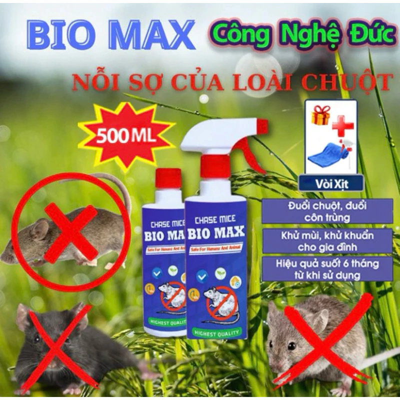 Dung Dịch Xịt Đuổi Chuột Và Côn Trùng Bio Max 500ml Kèm Vòi Xịt - Công Nghệ Đức Chiết Xuất Tự Nhiên Hiệu Quả, An Toàn