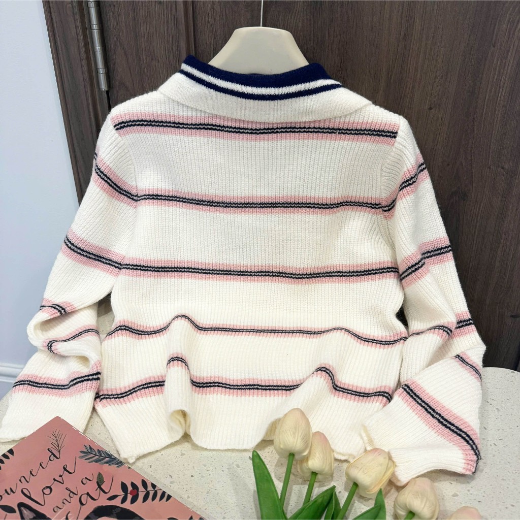 Áo Len Tay Dài Mirage Sọc Ngang Hồng Cổ Điển, Sang Trọng Local Brand Chất Len Mềm Mịn.