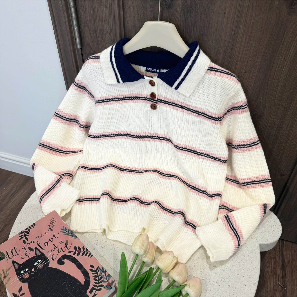 Áo Len Tay Dài Mirage Sọc Ngang Kem Cổ Điển, Sang Trọng Local Brand Chất Len Mềm Mịn.