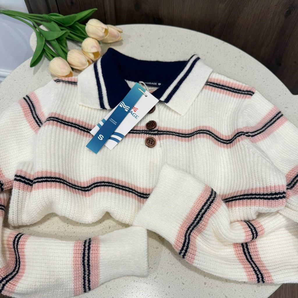 Áo Len Tay Dài Mirage Sọc Ngang Hồng Cổ Điển, Sang Trọng Local Brand Chất Len Mềm Mịn.
