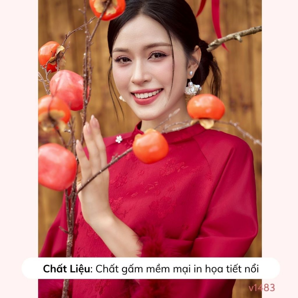 Áo dài chất gấm mềm mại có in họa tiết nổi, tay đính lông mặc dịp Lễ, Tết, Sự kiện - V1483 B2MUM