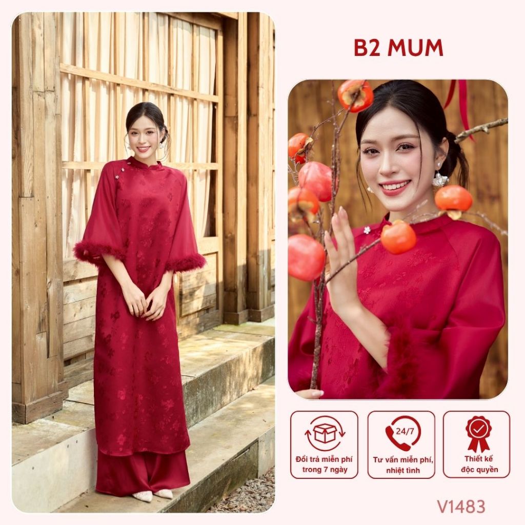 Áo dài chất gấm mềm mại có in họa tiết nổi, tay đính lông mặc dịp Lễ, Tết, Sự kiện - V1483 B2MUM