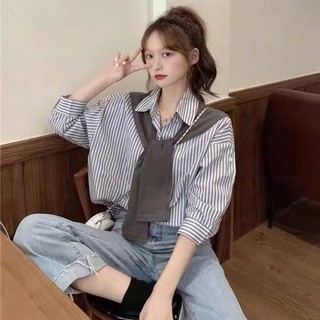 Áo Sơ Mi Bigsize Nữ Kèm Khăn Thủy Thủ Quàng Vai Cá Tính Somi Kẻ Sọc Tay Dài Form Rộng A328+A195