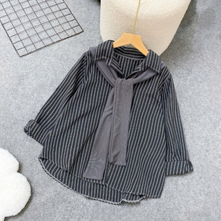 Áo Sơ Mi Bigsize Nữ Kèm Khăn Thủy Thủ Quàng Vai Cá Tính Somi Kẻ Sọc Tay Dài Form Rộng A328+A195