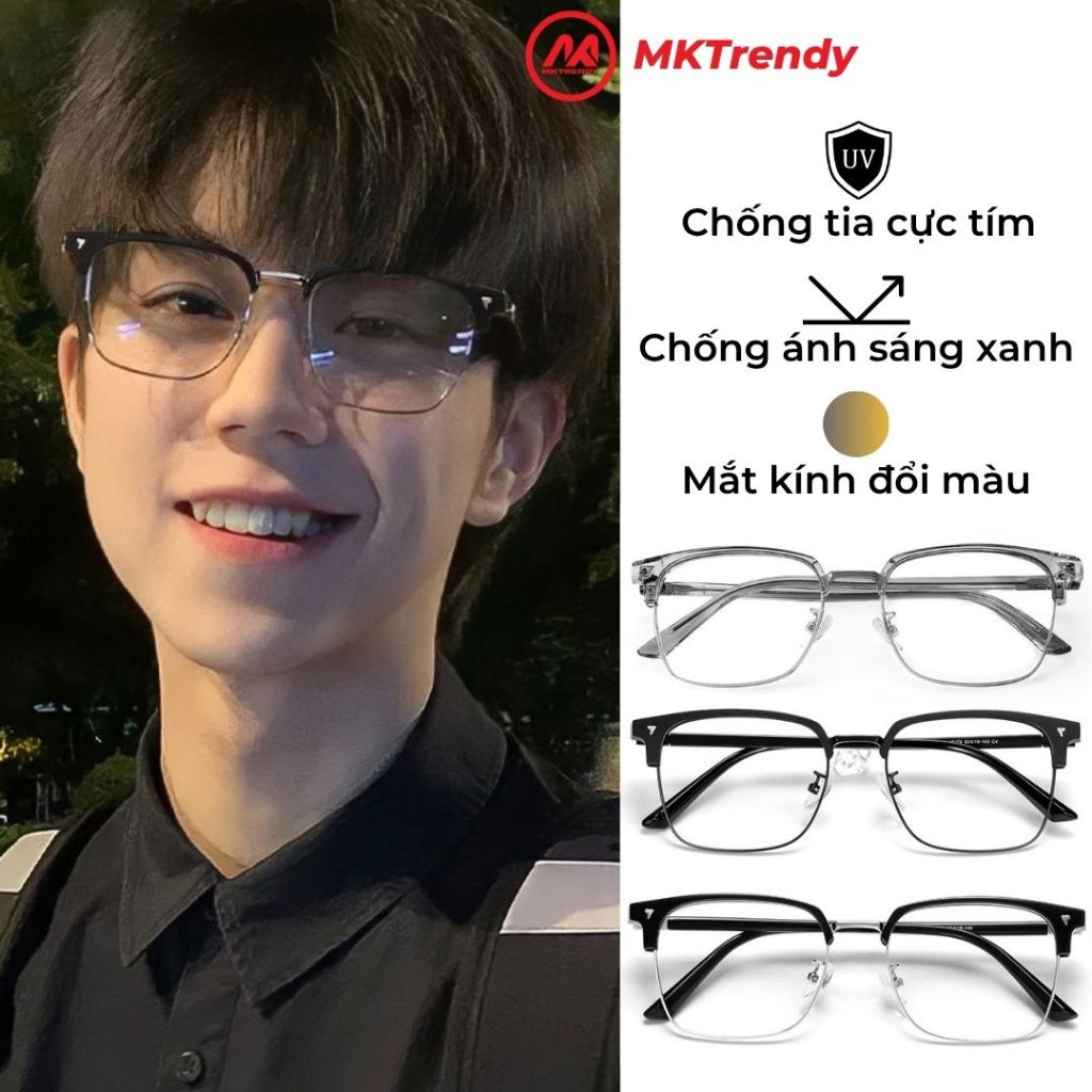 Kính đổi màu MKTRENDY gọng kính cận kim loại chữ V chống ánh sáng xanh chống tia UV thời trang nam nữ X15