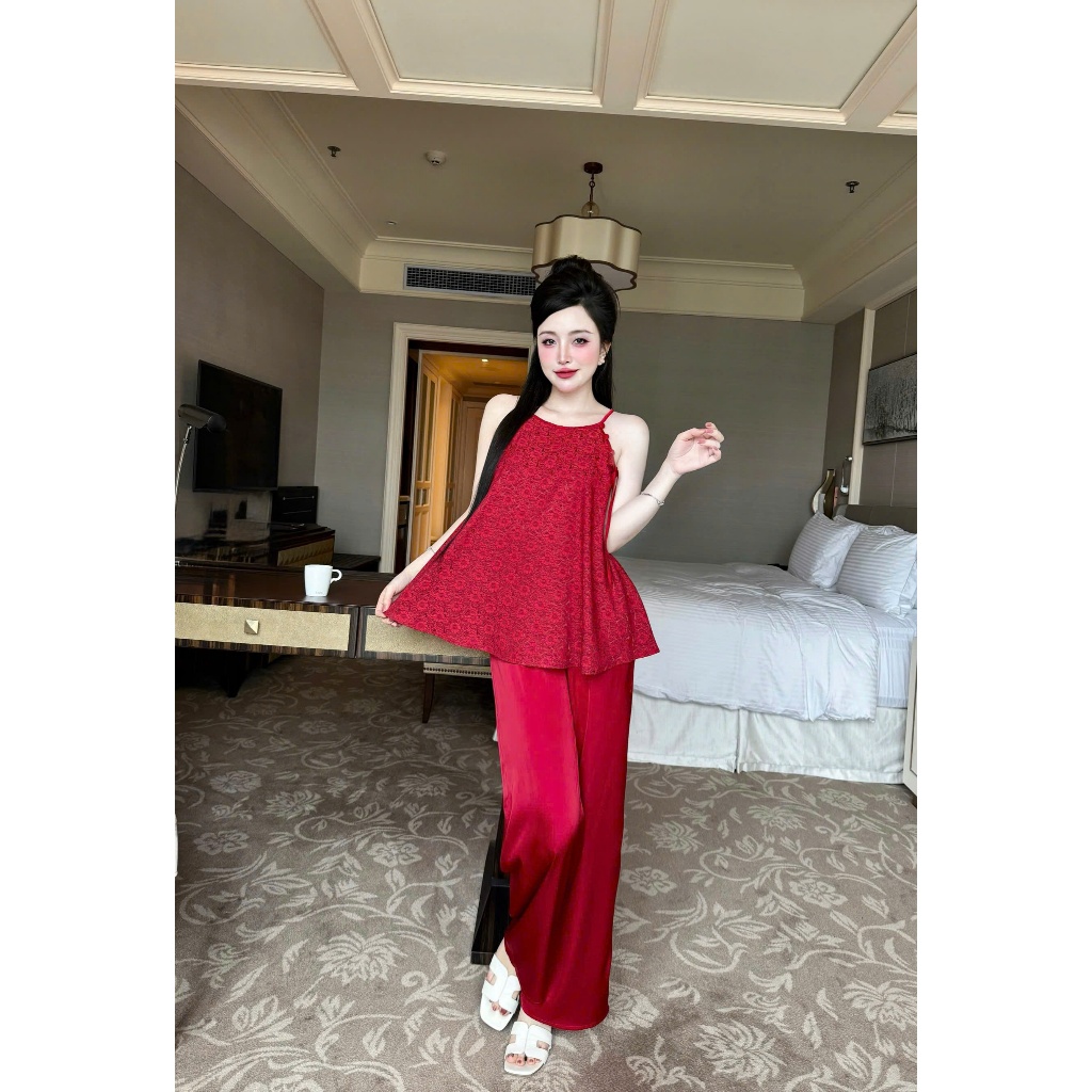 Bộ yếm nữ Vy Linh quần dài chất liệu gấm họa tiết hoa lá (TÙY LÔ) phối quần lụa latin thoáng mát s1256