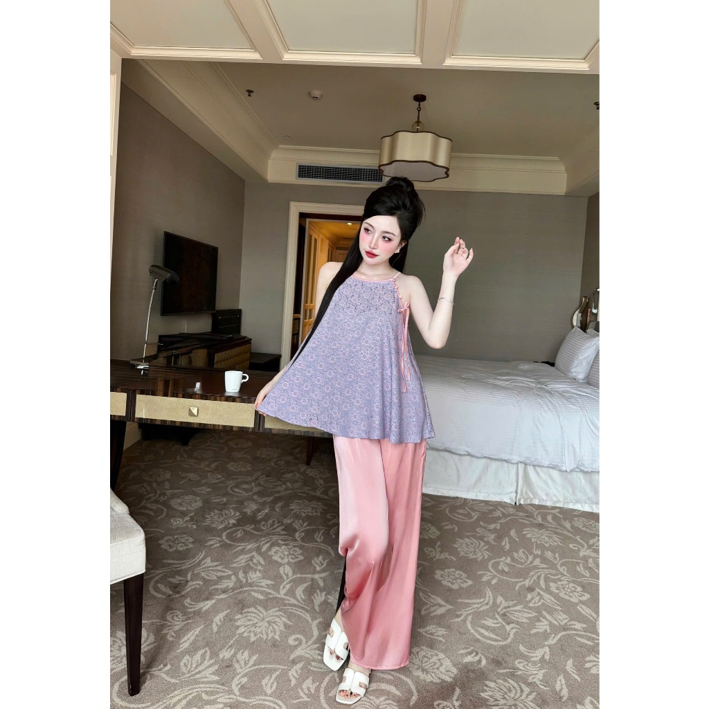 Bộ yếm nữ Vy Linh quần dài chất liệu gấm họa tiết hoa lá (TÙY LÔ) phối quần lụa latin thoáng mát s1256