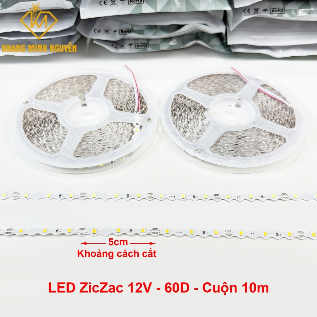 (Giá cuộn 10m) Đèn led ZICZAC 2835- 60 led/mét 12V cuộn 10m ánh sáng trắng lạnh 12000K và vàng 3000K