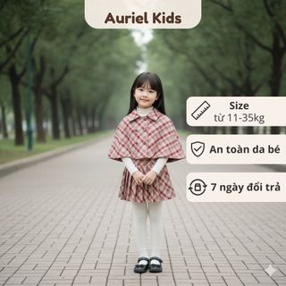 Set Đồ Bé Gái Phong Cách Tiểu Thư, Áo Choàng Kẻ Caro Đỏ Phối Chân Váy Xếp Ly Thời Trang