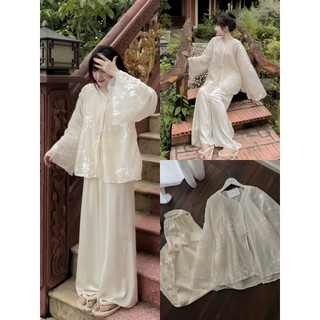 Set bộ thời trang nữ thiết kế dịu dàng chất tơ 2 lớp họa tiết thêu phối quần lụa mịn màn dài ống rộng