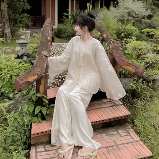 Set bộ thời trang nữ thiết kế dịu dàng chất tơ 2 lớp họa tiết thêu phối quần lụa mịn màn dài ống rộng