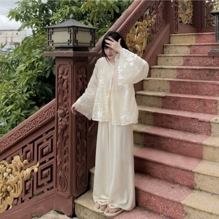 Set bộ thời trang nữ thiết kế dịu dàng chất tơ 2 lớp họa tiết thêu phối quần lụa mịn màn dài ống rộng