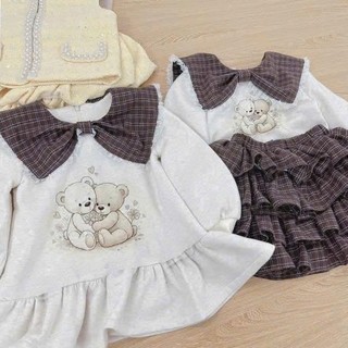 Quần áo trẻ em, Bộ nỉ mix chân váy xoè 4 tầng và váy nỉ thu đông bé gái cổ phối nơ dạ 9-26kg S2065/V714 Tiểu Yến KID
