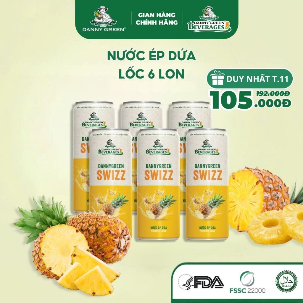 [GIẢM 20%] Lốc 6 Lon Nước Ép Dứa Tươi Nguyên Chất DANNYGREEN Swizz 250ml
