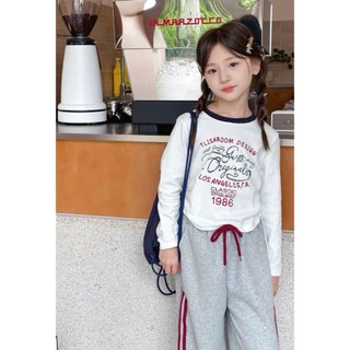 [B&G] Sét bộ thu đông áo thun trắng dài tay phối quần dài nỉ xám phối viền đỏ cho bé gái từ 10-45kg