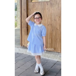 [B&G] Sét váy áo sơ mi kẻ xanh dễ thương mặc đi học, đi chơi cho bé gái từ 10-45kg(2-12 tuổi)