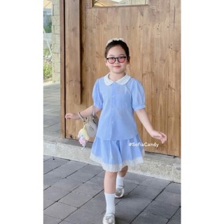 [B&G] Sét váy áo sơ mi kẻ xanh dễ thương mặc đi học, đi chơi cho bé gái từ 10-45kg(2-12 tuổi)