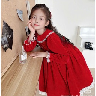 [B&G] Đầm váy thô đỏ dáng xèo cổ sen phối ren bé gái dự tiệc, đi chơi, chơi tết từ 10-45kg