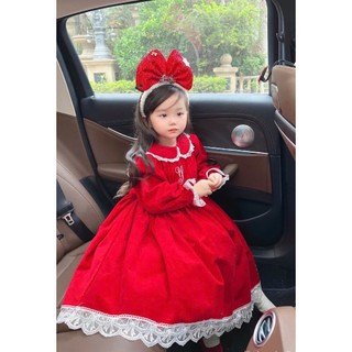[B&G] Đầm váy thô đỏ dáng xèo cổ sen phối ren bé gái dự tiệc, đi chơi, chơi tết từ 10-45kg