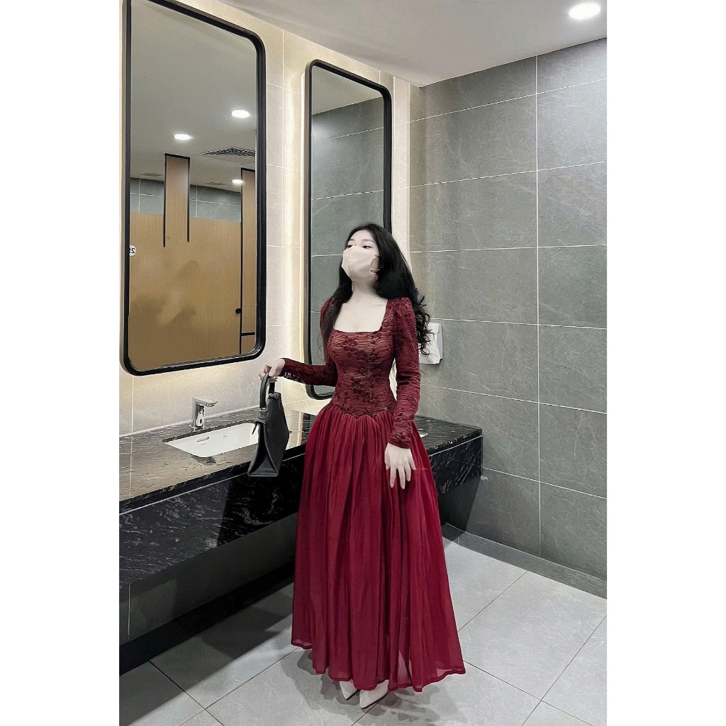 ZIMM STORE -Đầm trắng dáng xòe cổ vuông tay ren, phối túi đen sang trọng
