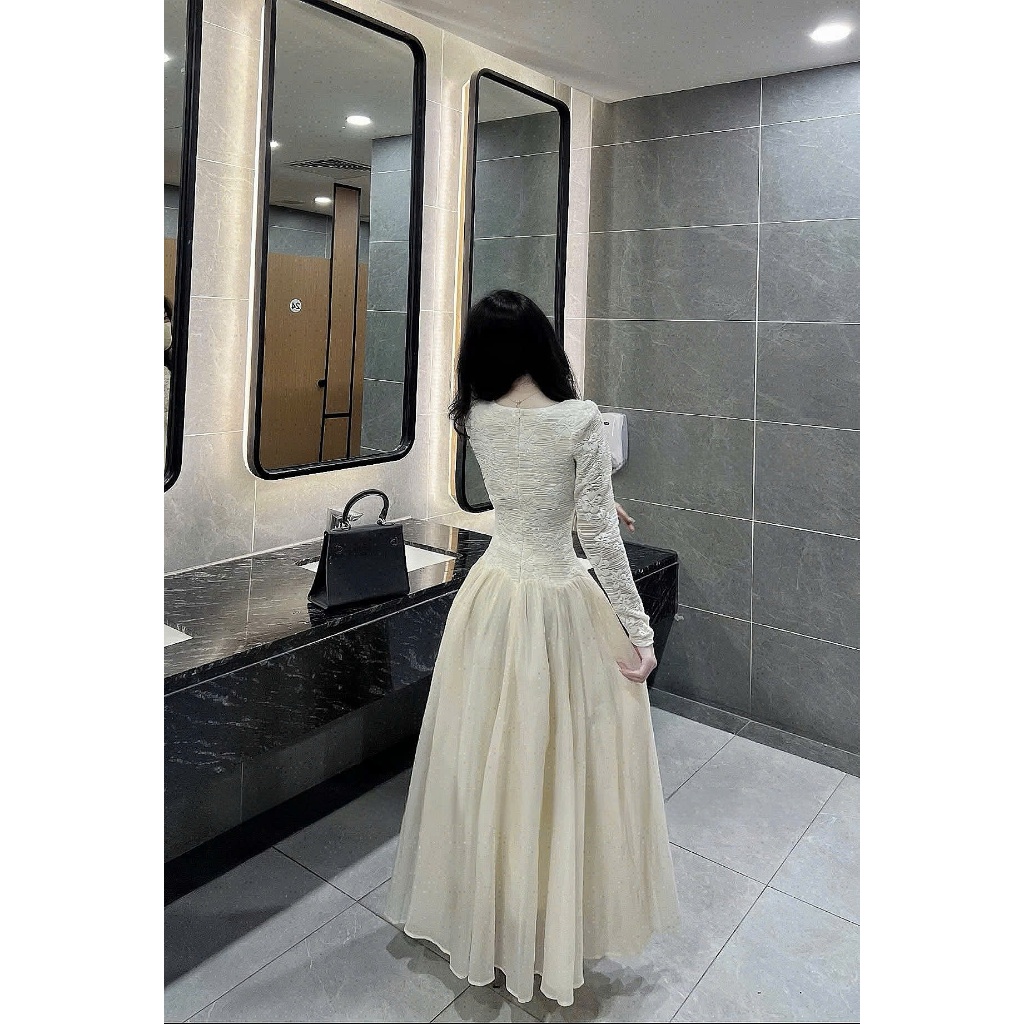 ZIMM STORE -Đầm trắng dáng xòe cổ vuông tay ren, phối túi đen sang trọng