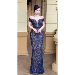 Đầm dạ hội kim sa hoa văn trễ/ bẹt vai phối luới tko