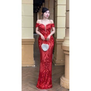 Đầm dạ hội kim sa hoa văn trễ/ bẹt vai phối luới tko