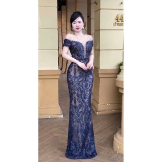 Đầm dạ hội kim sa hoa văn trễ/ bẹt vai phối luới tko