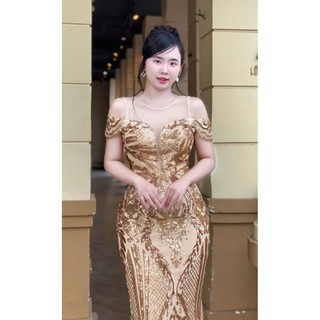 Đầm dạ hội kim sa hoa văn trễ/ bẹt vai phối luới tko