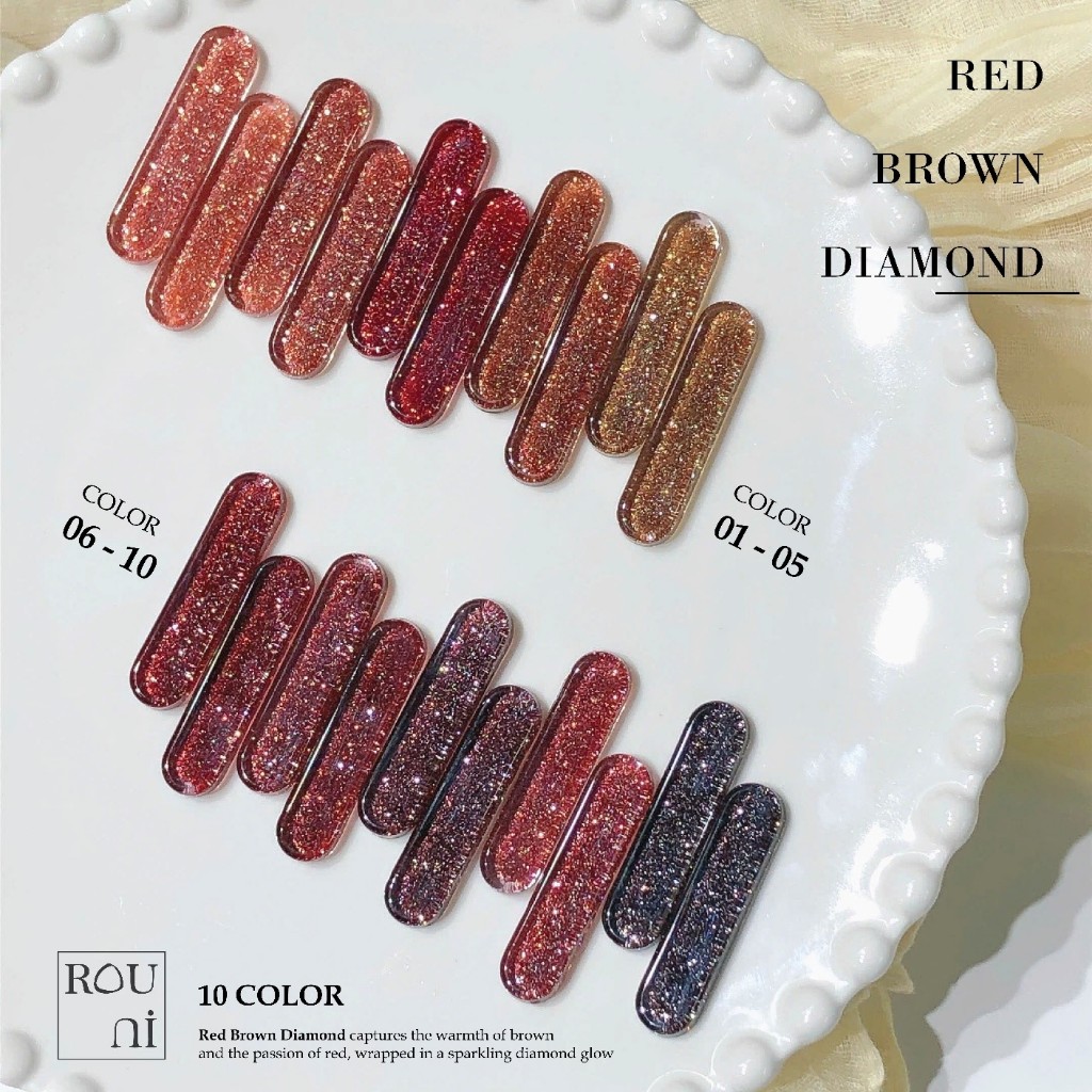 ROUni sơn Red Brown Diamond tone đỏ nâu sơn gel nhũ flash đỏ tôn da nâu cà phê thu đông hot trend