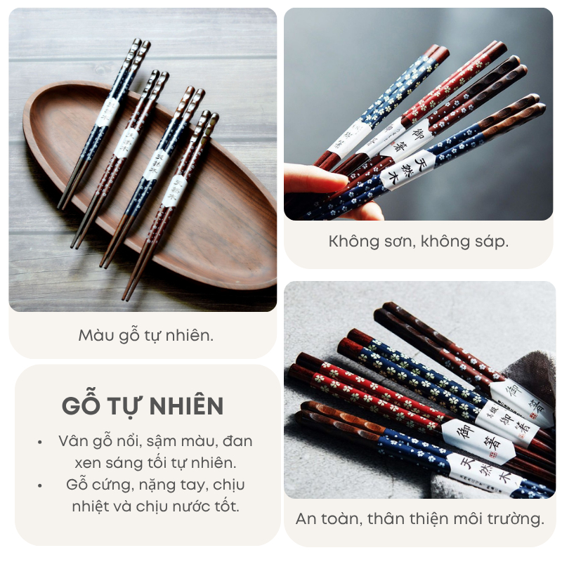 Bộ 5 Đôi Đũa Gỗ Mai Rùa Kiểu Nhật KOOBEE – Đầu Nhọn Chống Trượt, Chống Mốc, Sang Trọng Cho Nhà Hàng & Gia Đình| 340