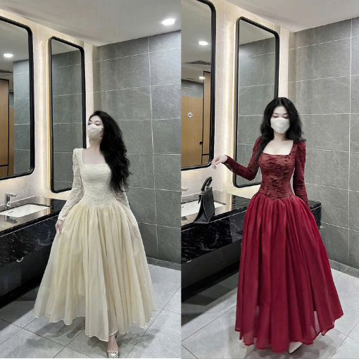 ZIMM STORE -Đầm trắng dáng xòe cổ vuông tay ren, phối túi đen sang trọng
