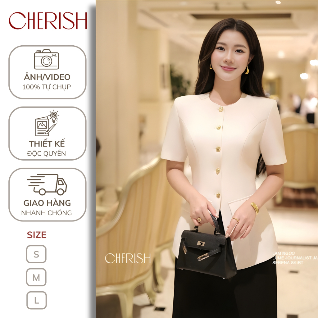 CHERISH - Áo kí giả LUME tay ngắn cúc kim loại sang trọng thanh lịch phù hợp đi làm