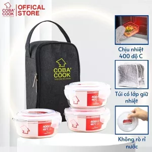 Bộ hộp cơm thủy tinh chịu nhiệt COBACOOK 3 hộp tròn/chữ nhật và túi vải giữ nhiệt- CCR43BL