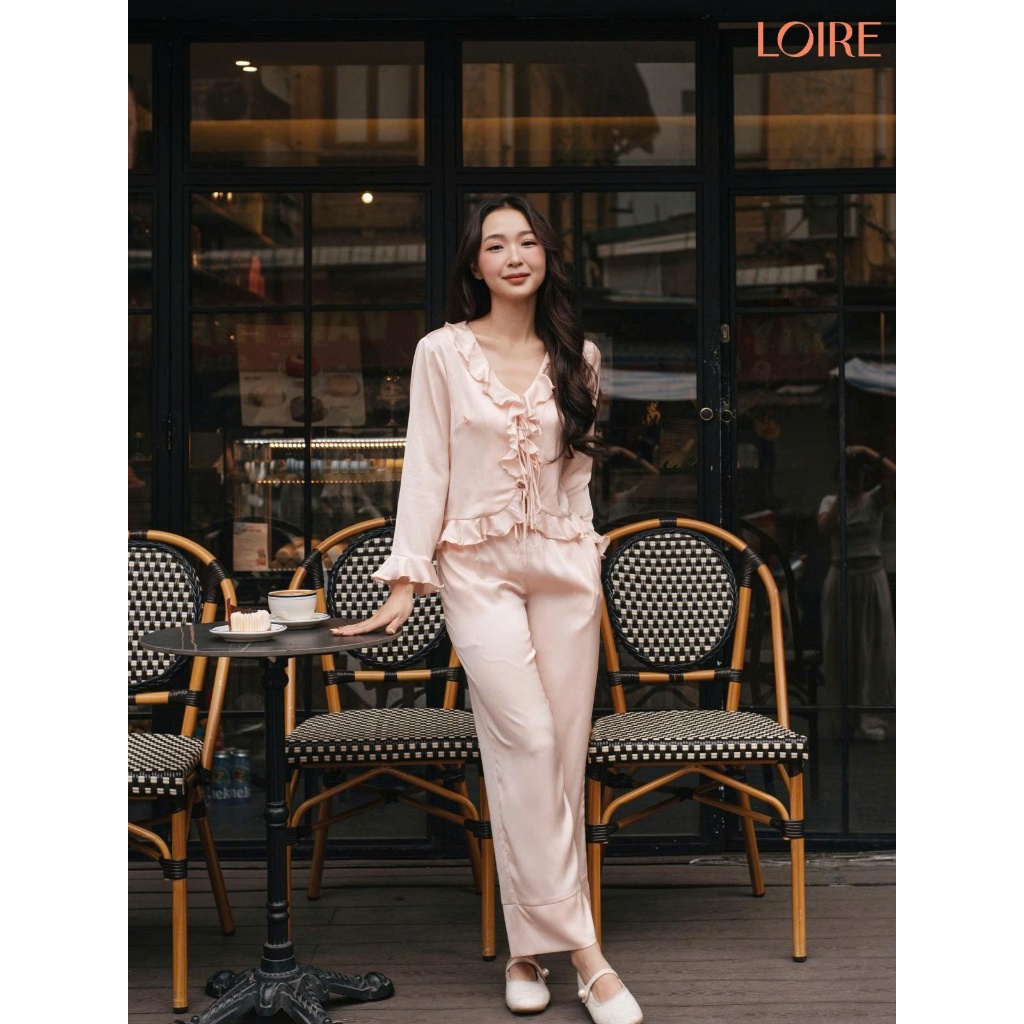 [AN ÊM]Bộ Mặc Nhà Hải Đường Loire FDMN250331 Lụa Pháp Cao Cấp Set Dài Tay Phối Bèo Nhún Thắt Nơ