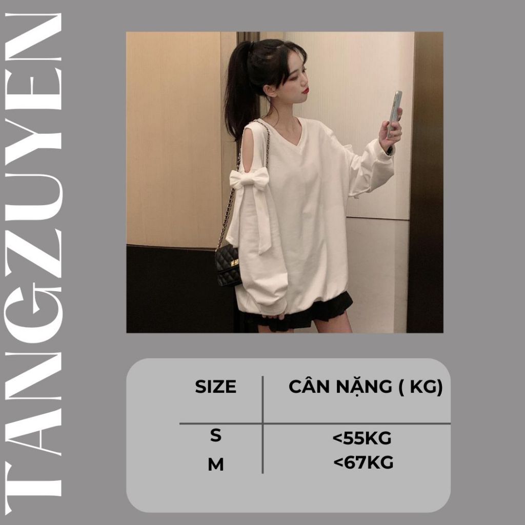 SUA004 Áo sweater thun cổ V đen trắng tay bồng khoét vai nơ babydoll cute thu đông thời trang nữ tính bánh bèo tiểu thư