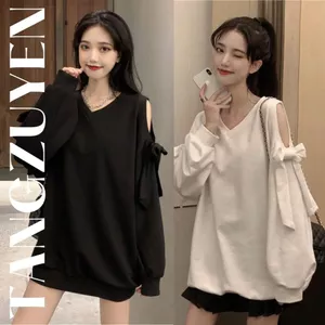 SUA004 Áo sweater thun cổ V đen trắng tay bồng khoét vai nơ babydoll cute thu đông thời trang nữ tính bánh bèo tiểu thư