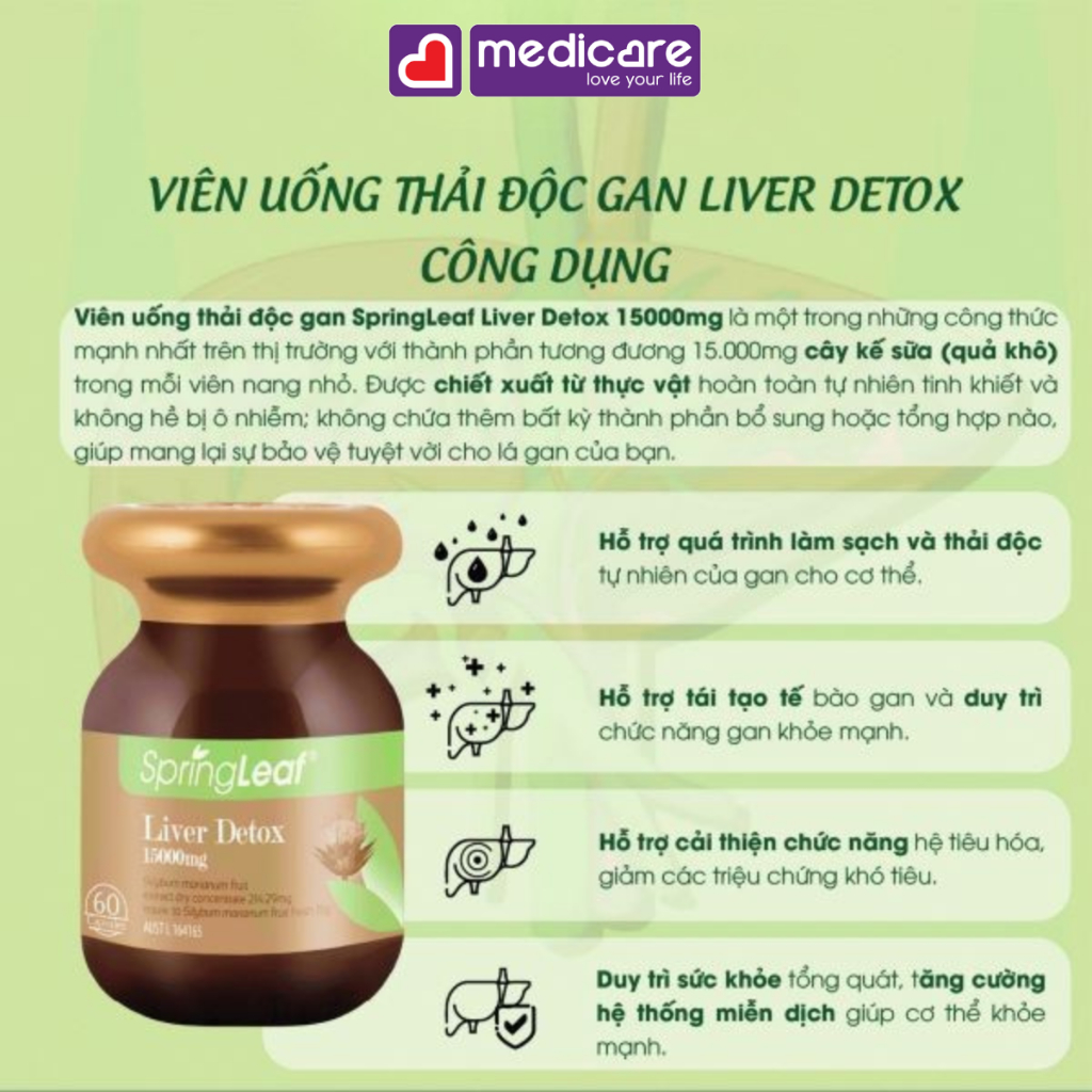 Viên uống SPRINGLEAF Liver Detox 1500mg hỗ trợ giải độc gan hộp 60 viên và 120 viên