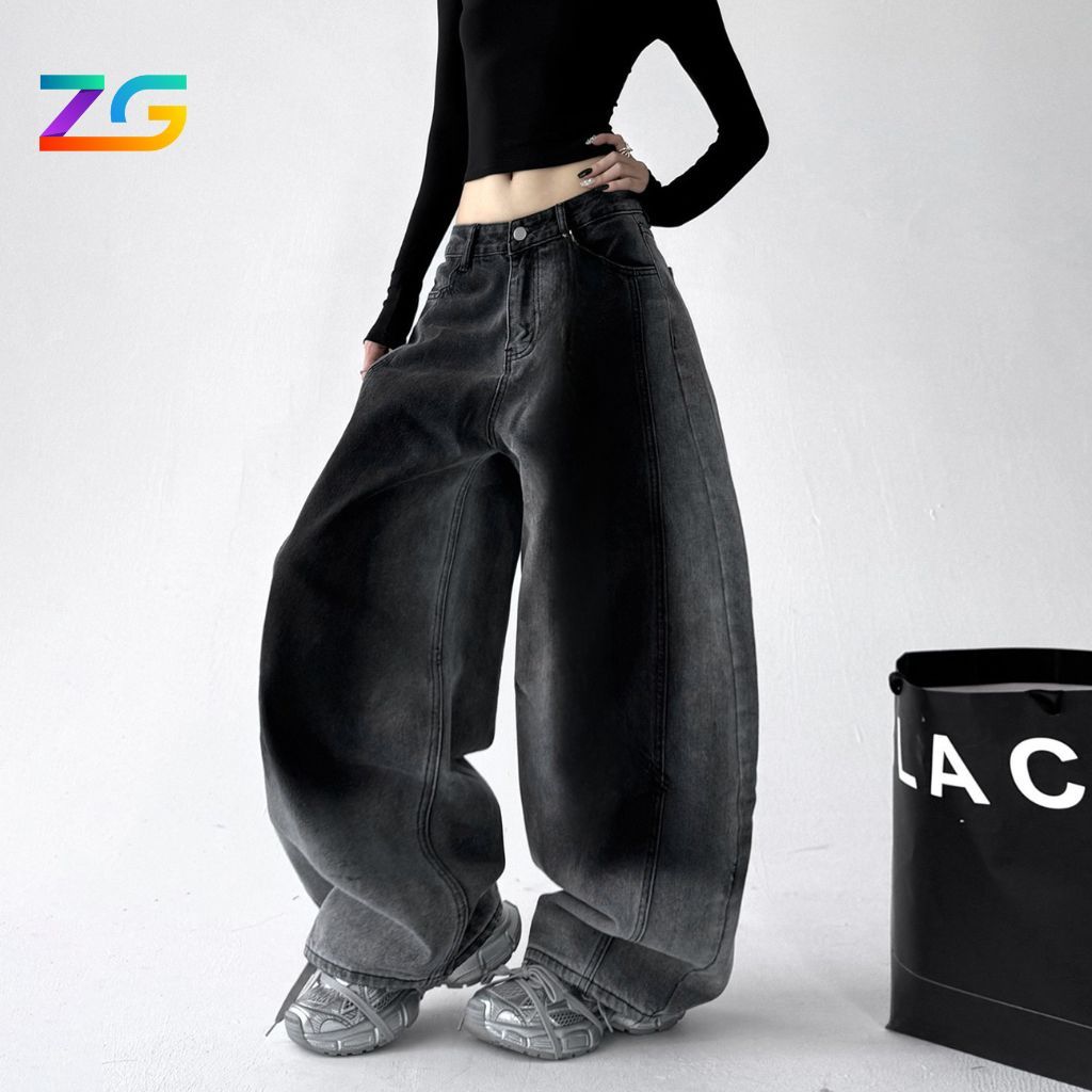 Quần jeans ống cong ZGO dáng rộng thụng wash chất vải dày dặn nam nữ đều mặc được Qzg17