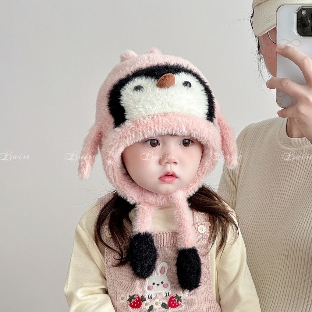 Mũ Lông Hình Chim Cánh Cụt Cho Bé Siêu Đáng Yêu Giữ Ấm Mùa Đông | Mũ Trùm Tai Cho Bé Trai Bé Gái