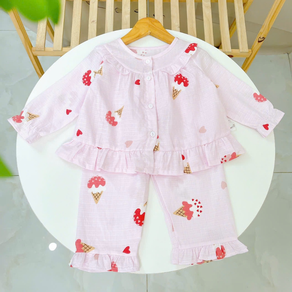 Pijama cho bé gái dài tay mặc ngủ điều hòa babydoll Áo Lá Homewear A254, đồ ngủ trẻ em vải xô cotton