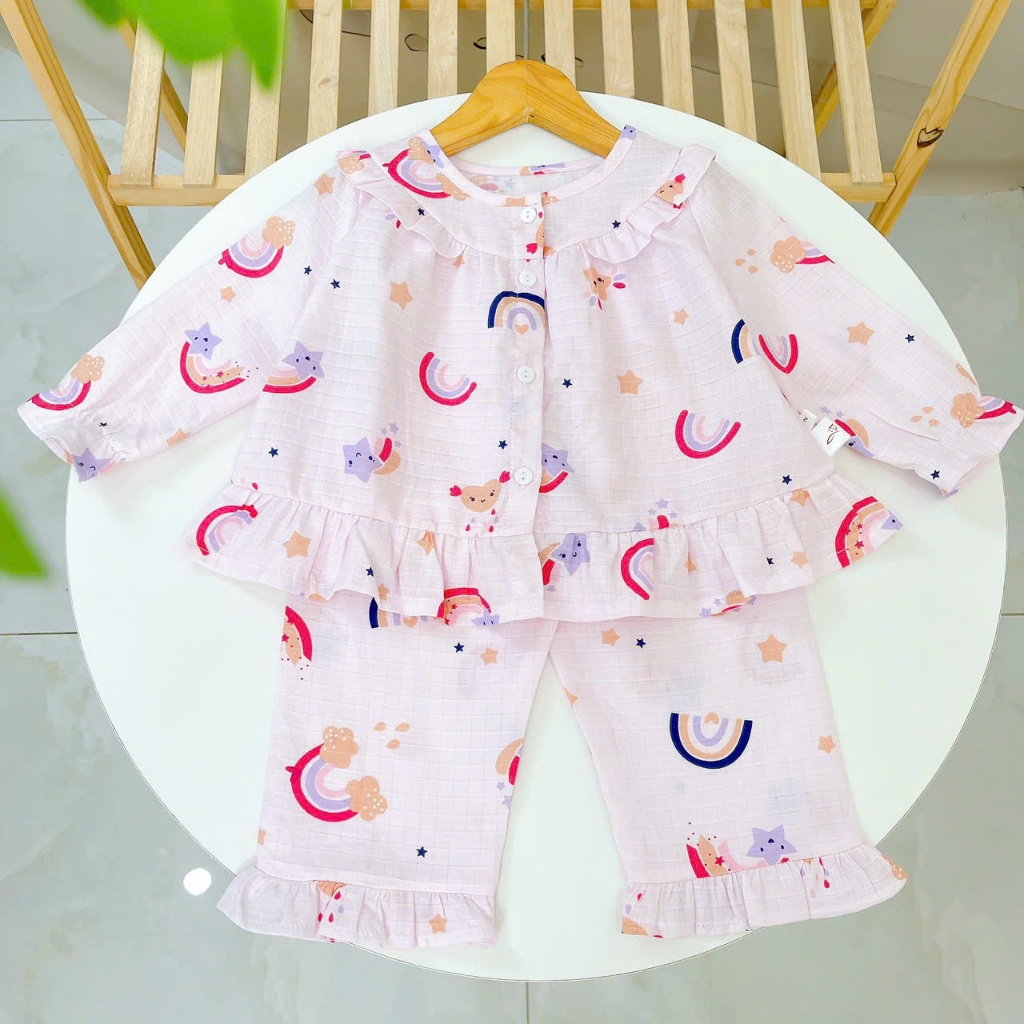 Pijama cho bé gái dài tay mặc ngủ điều hòa babydoll Áo Lá Homewear A254, đồ ngủ trẻ em vải xô cotton