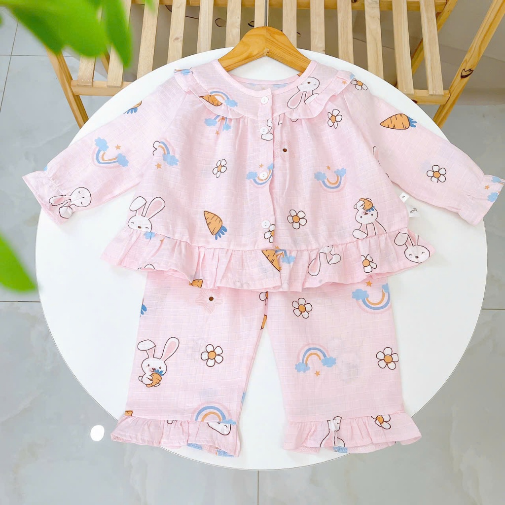 Pijama cho bé gái dài tay mặc ngủ điều hòa babydoll Áo Lá Homewear A254, đồ ngủ trẻ em vải xô cotton