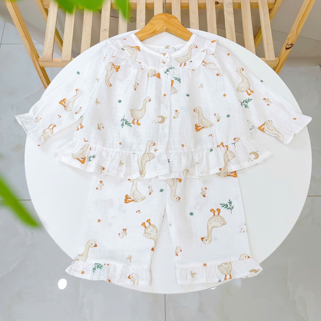 Pijama cho bé gái dài tay mặc ngủ điều hòa babydoll Áo Lá Homewear A254, đồ ngủ trẻ em vải xô cotton