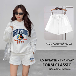 Set Bộ Nỉ Nữ Thu Đông CHEPOL In Mickey, Cổ Tròn, Chất Nỉ Chân Cua Cao Cấp ( Áo Sweater Trắng + Quần Dài Trắng )-CP_16295