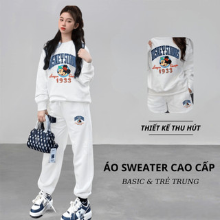 Set Bộ Nỉ Nữ Thu Đông CHEPOL In Mickey, Cổ Tròn, Chất Nỉ Chân Cua Cao Cấp ( Áo Sweater Trắng + Quần Dài Trắng )-CP_16295