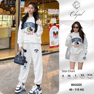 Set Bộ Nỉ Nữ Thu Đông CHEPOL In Mickey, Cổ Tròn, Chất Nỉ Chân Cua Cao Cấp ( Áo Sweater Trắng + Quần Dài Trắng )-CP_16295