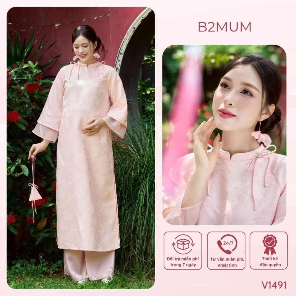 Áo dài họa tiết hoa hồng, tết nơ cổ tàu, chất liệu mềm mại co giãn nhẹ, màu hồng nhạt - V1491 B2MUM