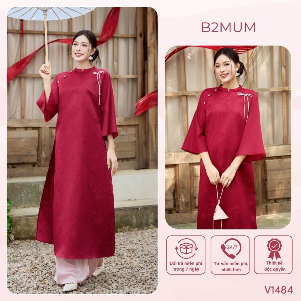 Áo dài gấm đỏ in họa tiết, cổ tàu ngực đính cúc hoa và nơ, chất liệu cao cấp mềm mại - V1484 B2MUM