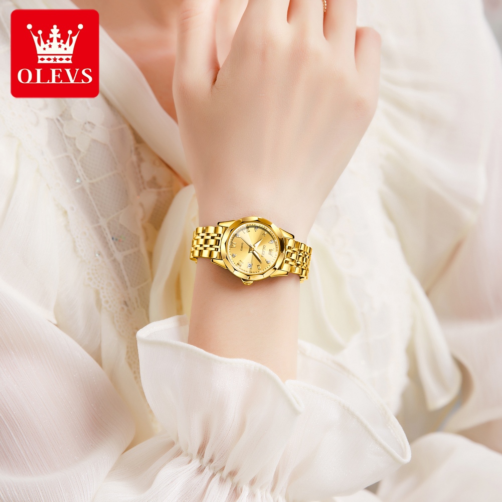 OLEVS Đồng hồ Cặp nước dây đeo bằng thép không gỉ lịch có chức năng phát sáng chống thấm 9931